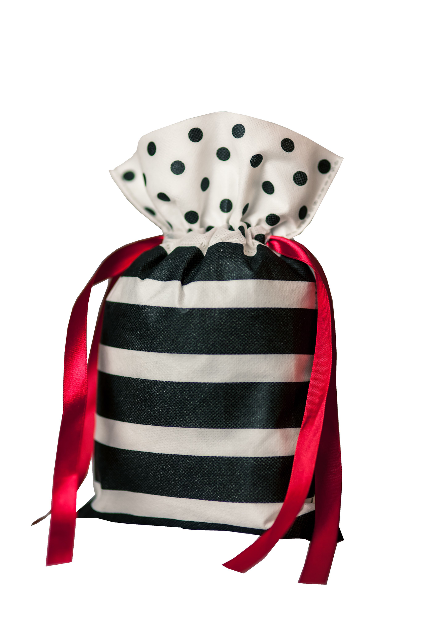 Worek prezentowy w czarno-białe paski z czerwonymi wstążkami, rozmiar 20 x 30 cm.