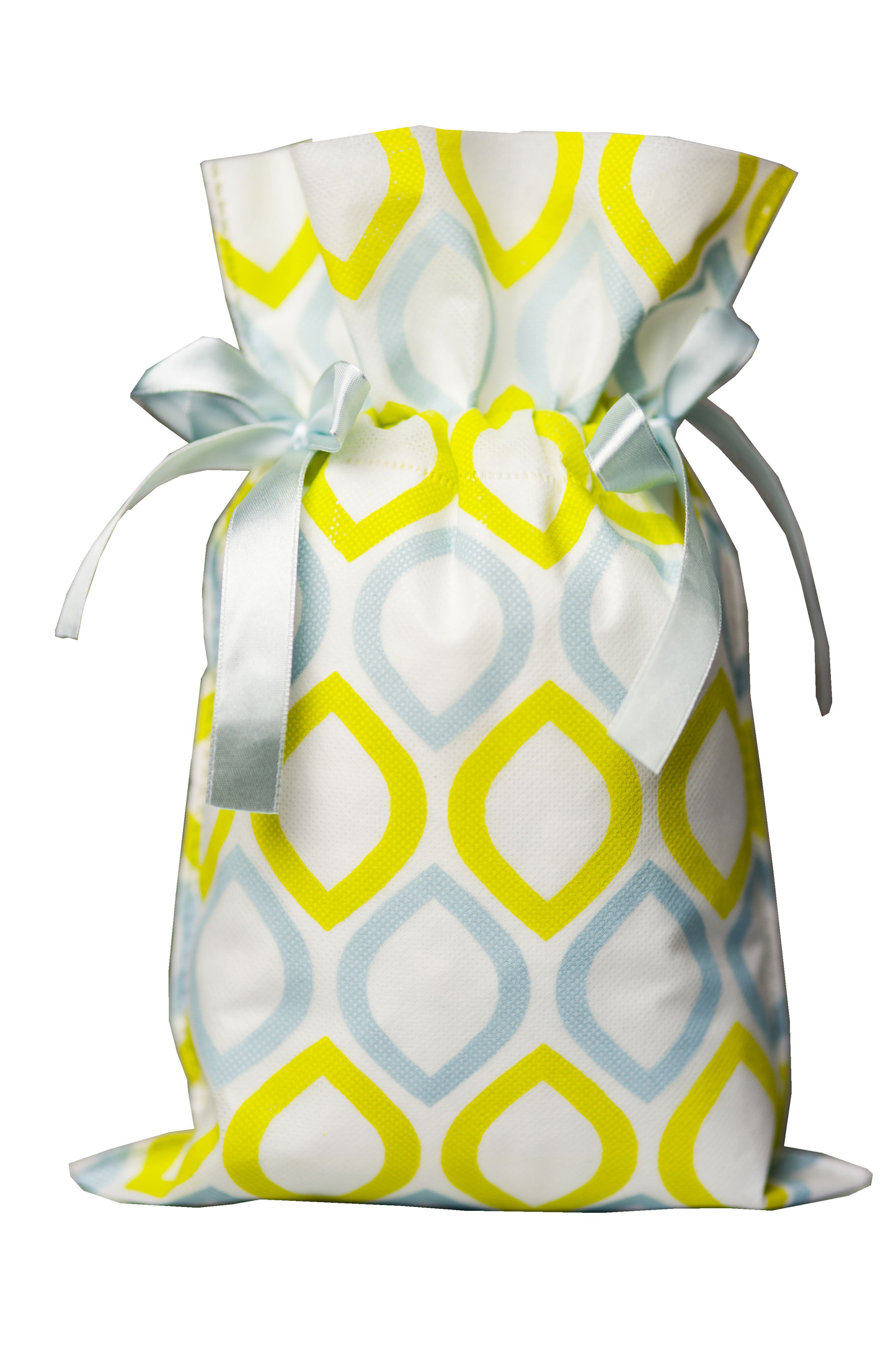 Worek prezentowy w niebiesko-żółte romby z błękitnymi wstążkami, rozmiar 20 x 30 cm.