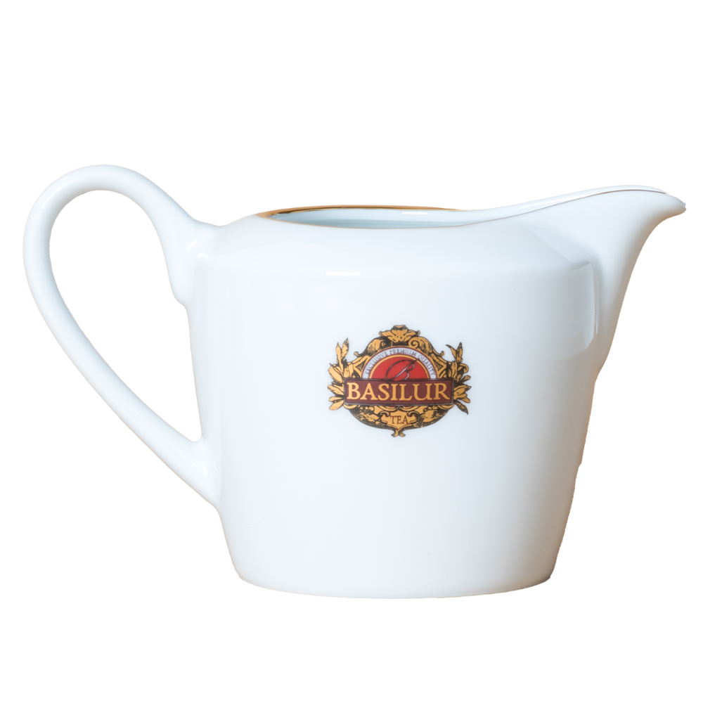 Porcelanowy mlecznik Basilur 320 ml biały z logo marki i złotym wykończeniem
