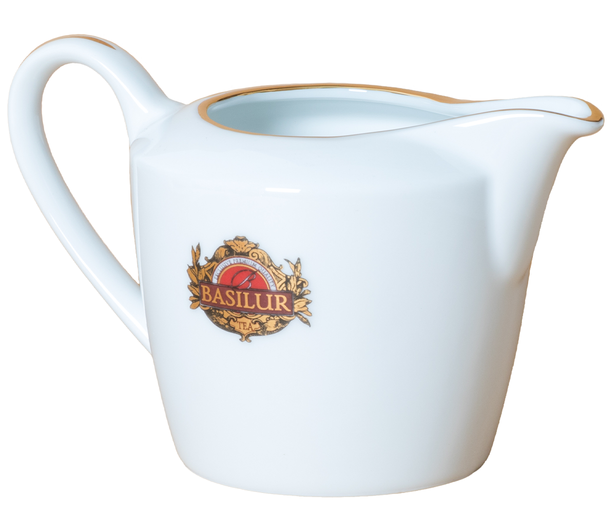 Elegancki mlecznik Basilur z porcelany widok z boku dzióbek i uchwyt