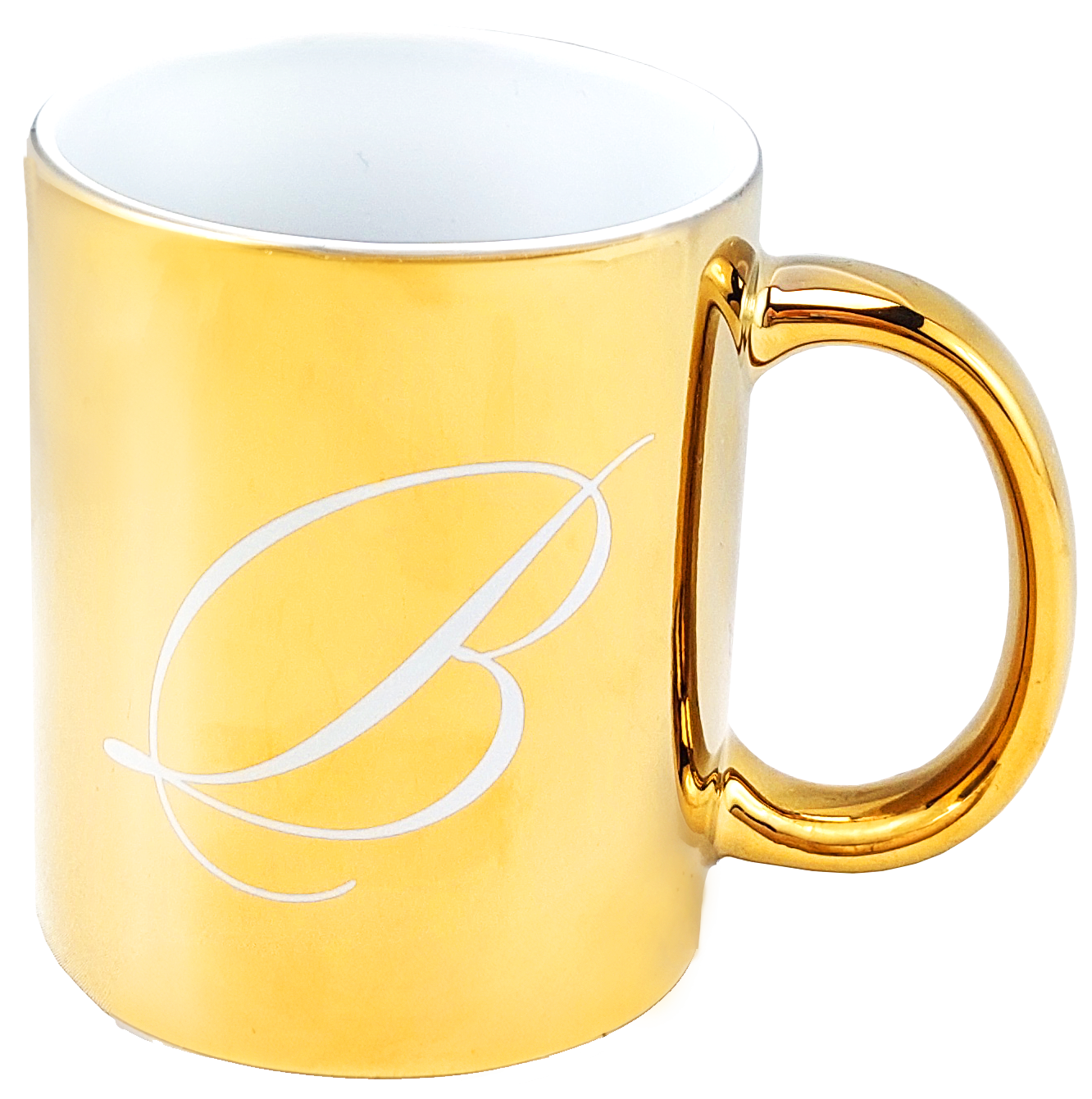 Złoty kubek ceramiczny Basilur z grawerem litery B, pojemność 350 ml.