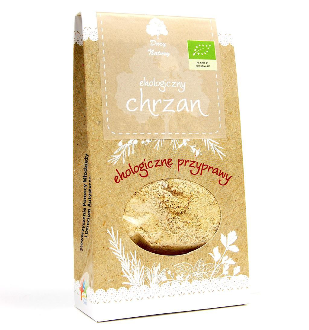 Opakowanie ekologicznego chrzanu mielonego marki Dary Natury w kartoniku z okienkiem.