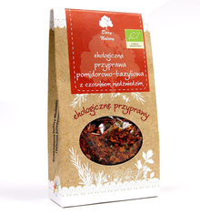 Opakowanie ekologicznej przyprawy pomidorowo-bazyliowej z czosnkiem niedźwiedzim marki Dary Natury w kartoniku z okienkiem.