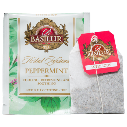Saszetka Basilur Peppermint z kopertą i torebką herbaty, ziołowa herbata miętowa z mięty pieprzowej 100%.