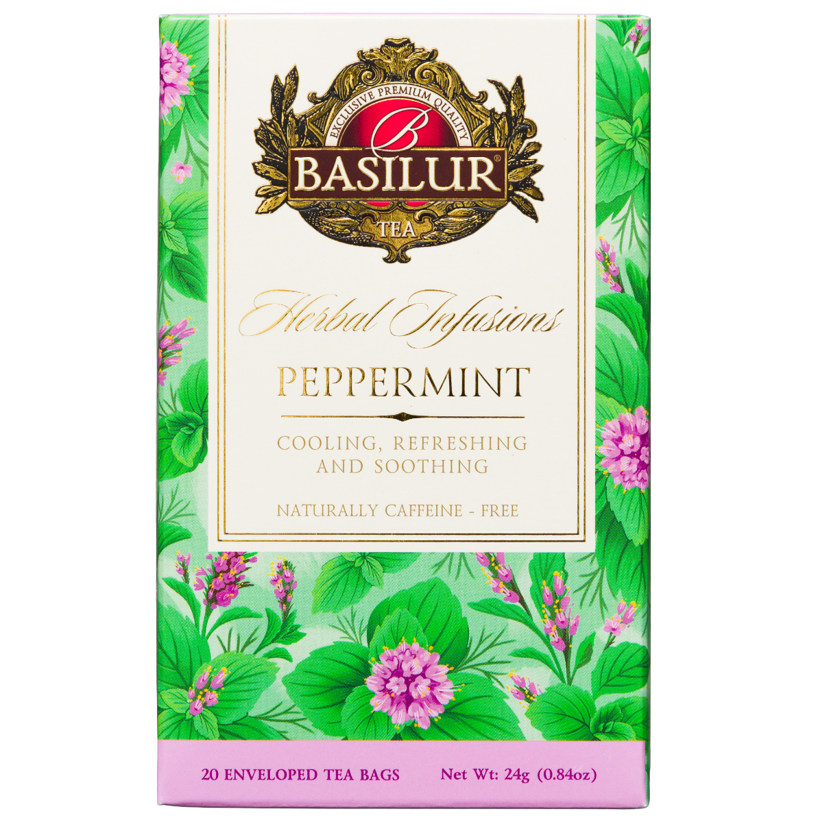 Opakowanie herbaty ziołowej Basilur Peppermint 20 kopert, mięta pieprzowa 100% w eleganckim pudełku.