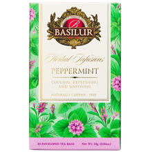 Opakowanie herbaty ziołowej Basilur Peppermint 20 kopert, mięta pieprzowa 100% w eleganckim pudełku.