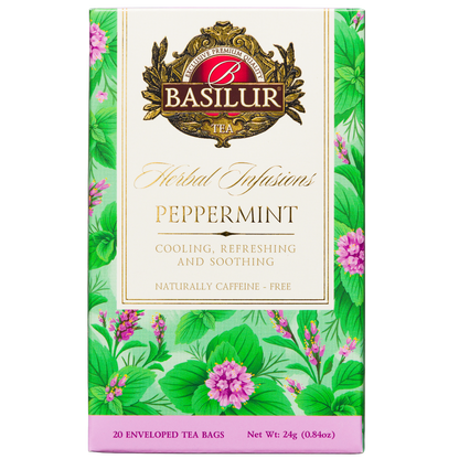Opakowanie herbaty ziołowej Basilur Peppermint 20 kopert, mięta pieprzowa 100% w eleganckim pudełku.