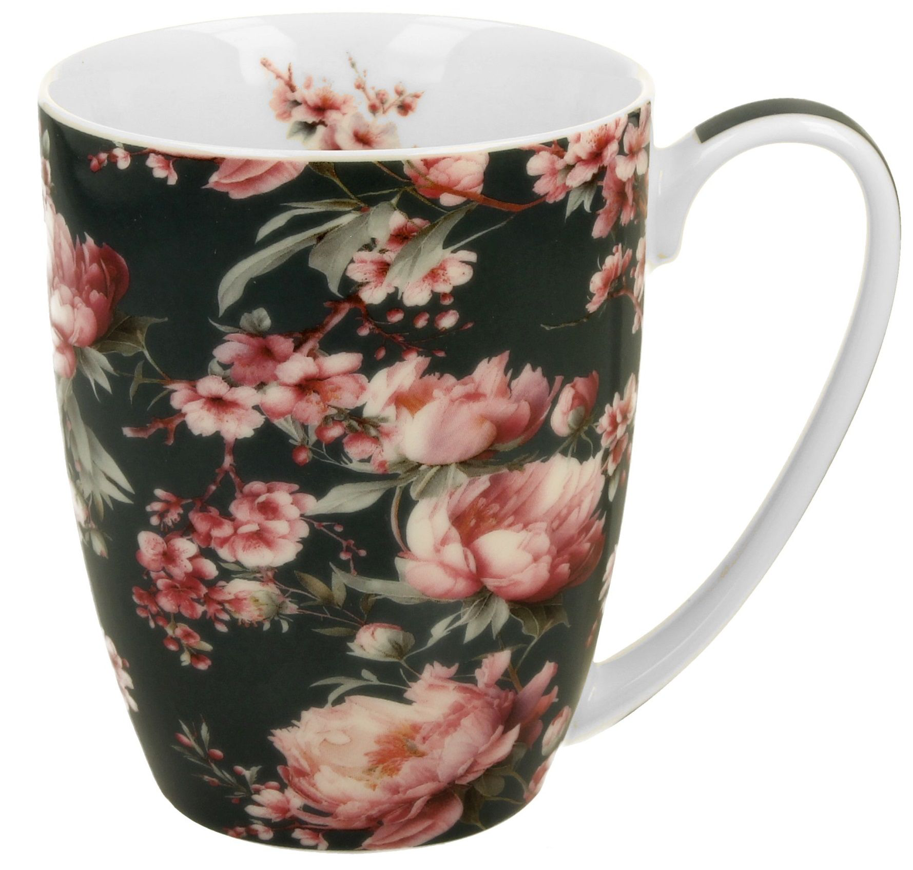 Kubek porcelanowy w ciemnym kolorze z bogatym wzorem różowych piwonii i gałązek kwiatów wiśni.