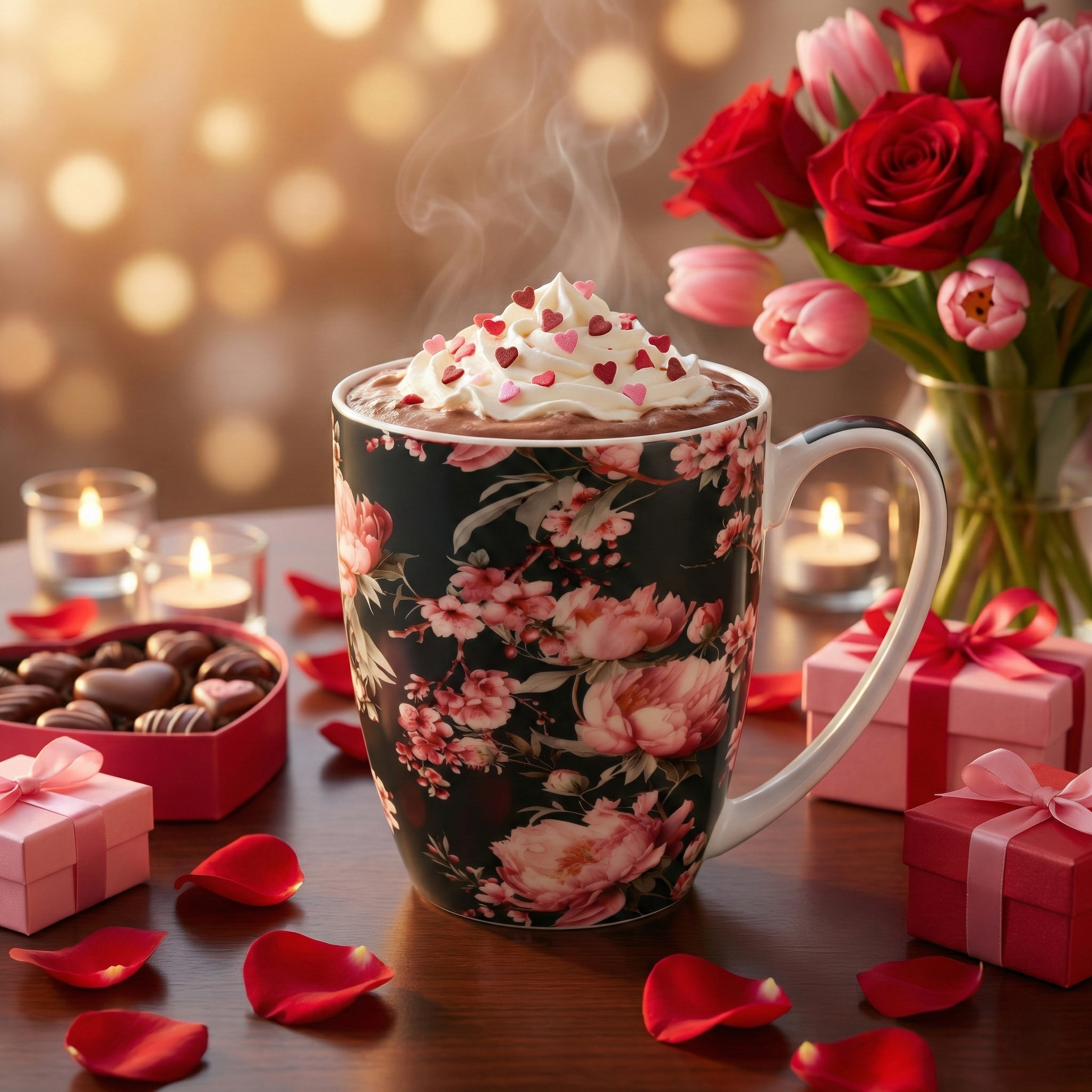 Kwiatowy kubek z gorącą czekoladą, bitą śmietaną i serduszkami, otoczony świecami, kwiatami i prezentami w romantycznej aranżacji.