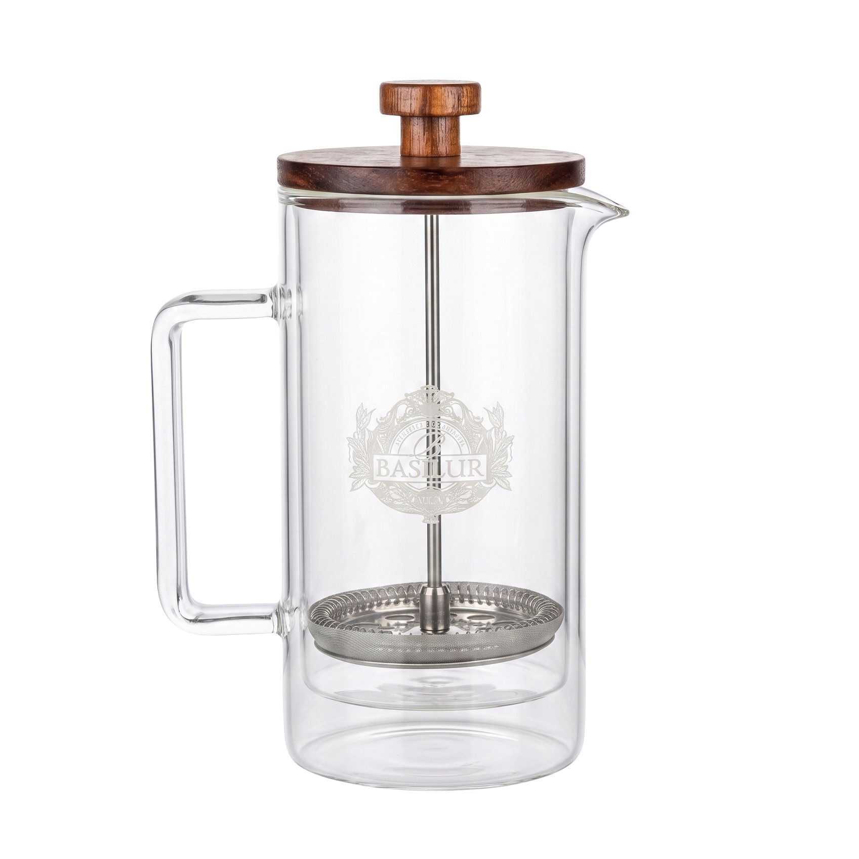 Szklany zaparzacz do herbaty Basilur Tea Press z metalowym filtrem i logo marki.