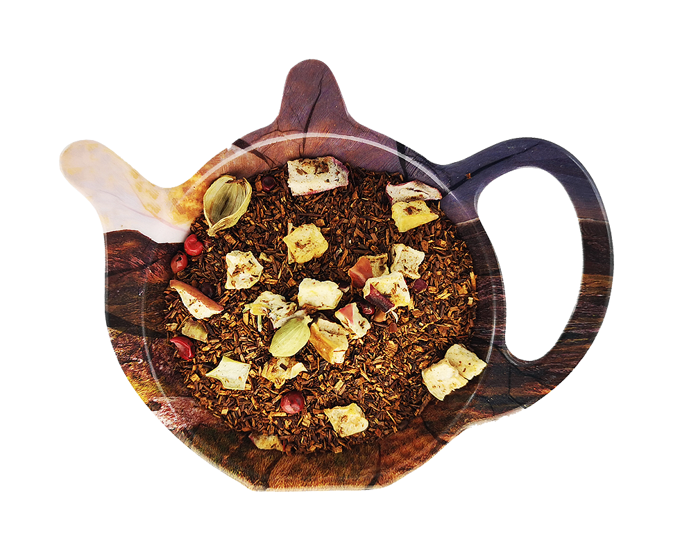 Mieszanka Rooibos Choco-Chili z kawałkami jabłka, kardamonem i różowym pieprzem w kształcie dzbanuszka, rozgrzewająca herbata rooibos.
