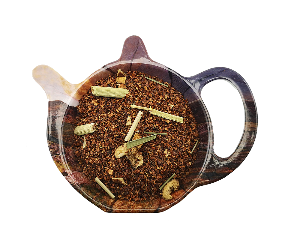 Mieszanka Rooibos Cudowna Cytryna z trawą cytrynową i skórką cytryny w kształcie dzbanuszka, orzeźwiająca herbata rooibos bez kofeiny.