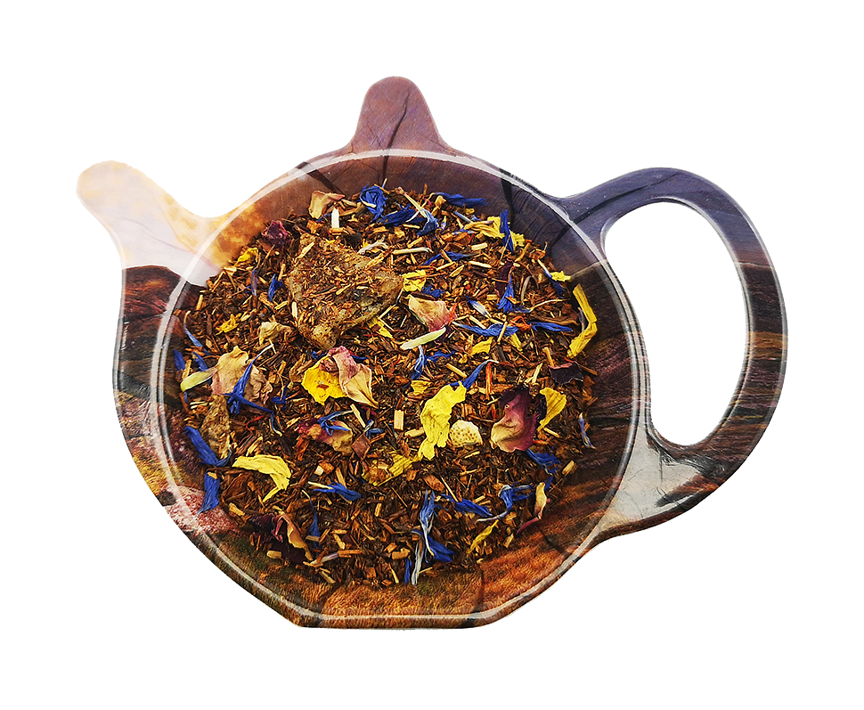 Herbata Rooibos Tropicana z owocami ananasa, chipsami bananowymi, płatkami róży, bławatka i słonecznika – kolorowa mieszanka bezkofeinowa.