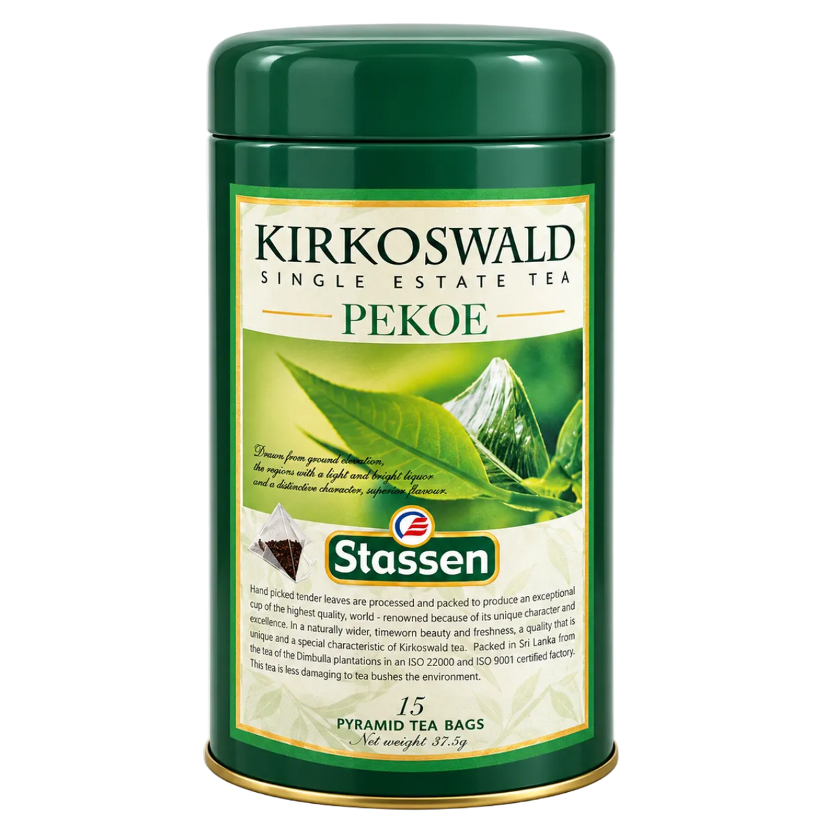 Herbata czarna Stassen Kirkoswald Pekoe, zielona metalowa puszka z 15 piramidkami, etykieta Single Estate Tea