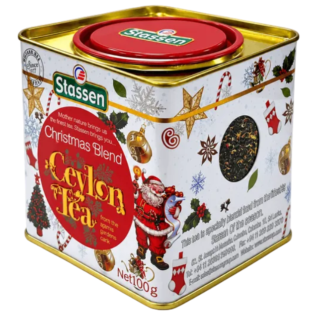 Stassen Christmas Blend, czarna herbata cejlońska 100 g w świątecznej metalowej puszce z czerwonym wieczkiem i Mikołajem