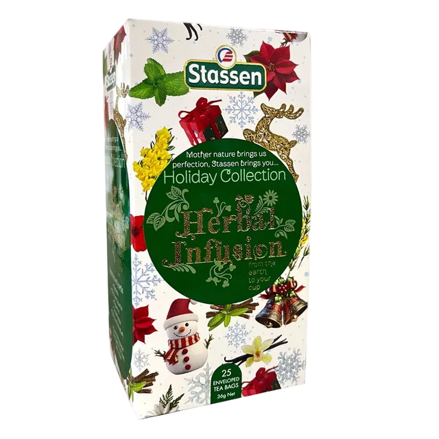 Zestaw herbat Stassen Holiday Collection, świąteczne pudełko z 25 kopertami, motyw bałwanka, renifera i prezentów
