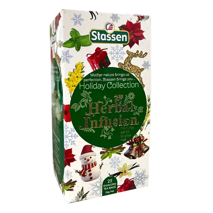 Zestaw herbat Stassen Holiday Collection, świąteczne pudełko z 25 kopertami, motyw bałwanka, renifera i prezentów