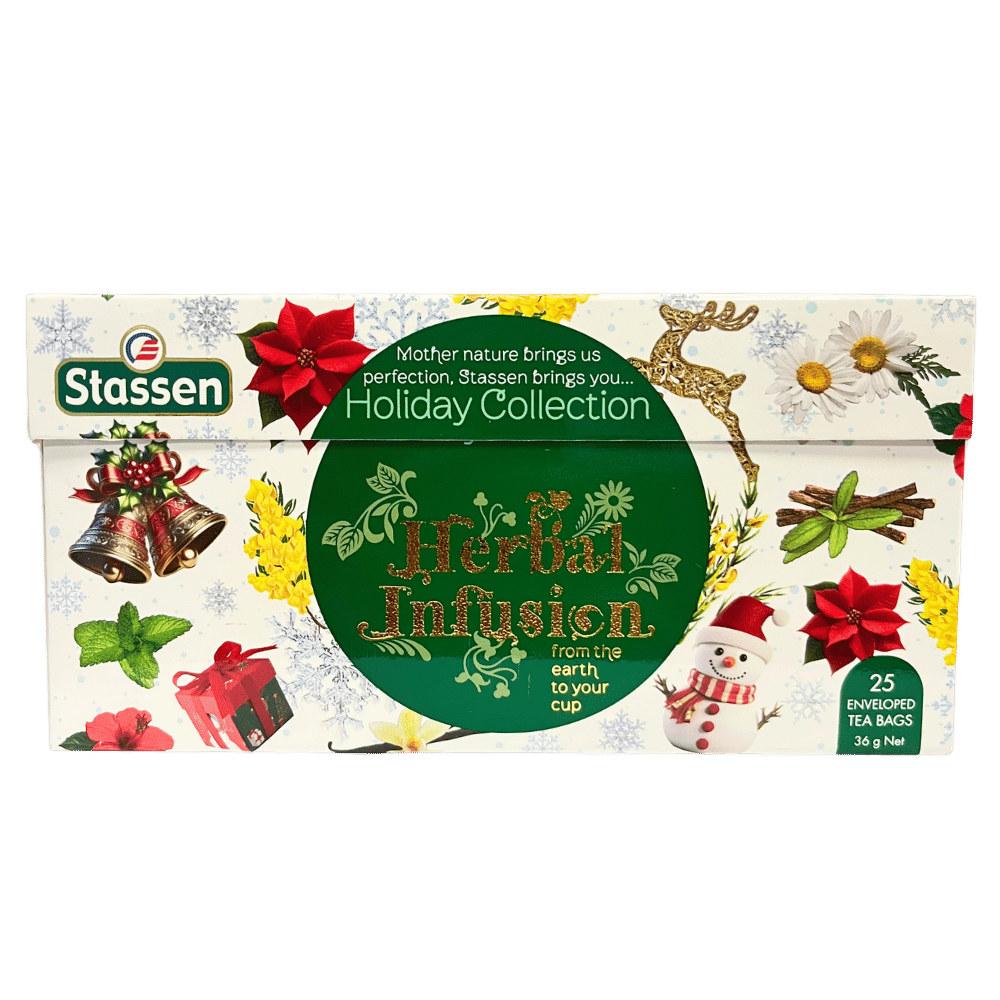 Herbata ziołowa Stassen Holiday Collection 25 kopert, 36 g, w poziomym kremowym pudełku z motywami świątecznymi i zieloną etykietą.