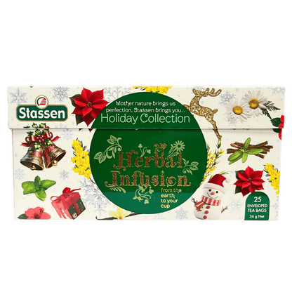 Herbata ziołowa Stassen Holiday Collection 25 kopert, 36 g, w poziomym kremowym pudełku z motywami świątecznymi i zieloną etykietą.