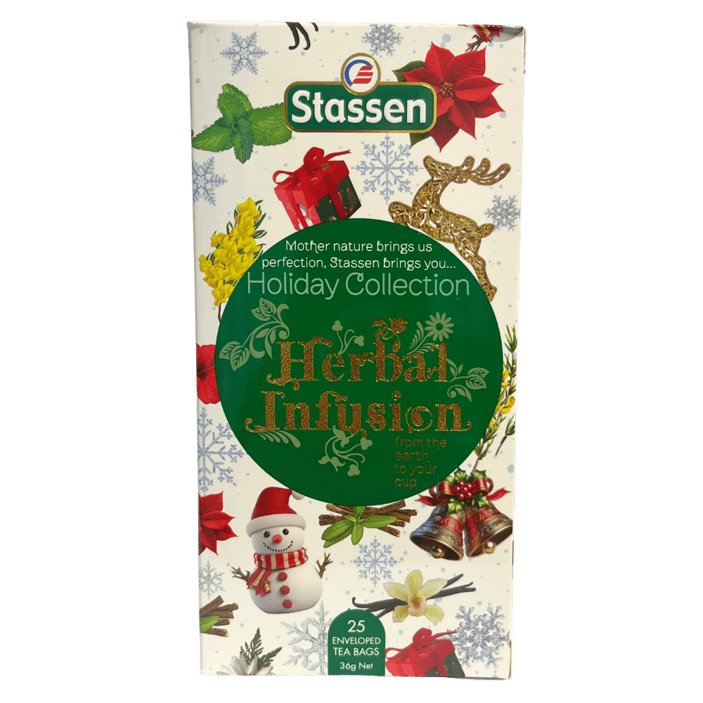Herbata ziołowa Stassen Holiday Collection 25 kopert, 36 g, w pionowym kremowym pudełku z zieloną etykietą i świątecznymi dekoracjami.