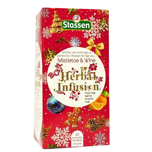 Herbata świąteczna Stassen Misleatoe Wine w kartonowym pudełku ze świątecznym motywem