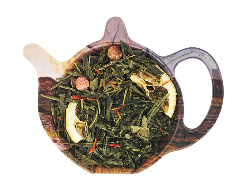 Zielona herbata Sencha Szmaragdowa Ambrozja z kawałkami pomarańczy, porzeczką i saflorem, mieszanka w formie refill.
