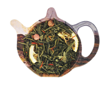 Zielona herbata Sencha Szmaragdowa Ambrozja z kawałkami pomarańczy, porzeczką i saflorem, mieszanka w formie refill.