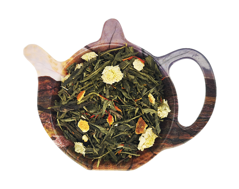 Zielona herbata Sencha z żeń-szeniem i kawałkami pomarańczy, aromatyczna mieszanka w formie refill.