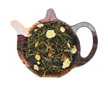 Zielona herbata Sencha z żeń-szeniem i kawałkami pomarańczy, aromatyczna mieszanka w formie refill.