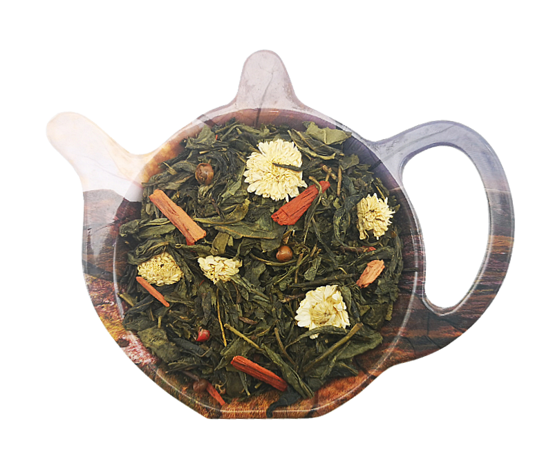 Mieszanka herbaty Sencha Sloneczna Wedrowka z ananasem, rumiankiem, pieprzem czerwonym i drewnem sandalowym na dekoracyjnej podstawce