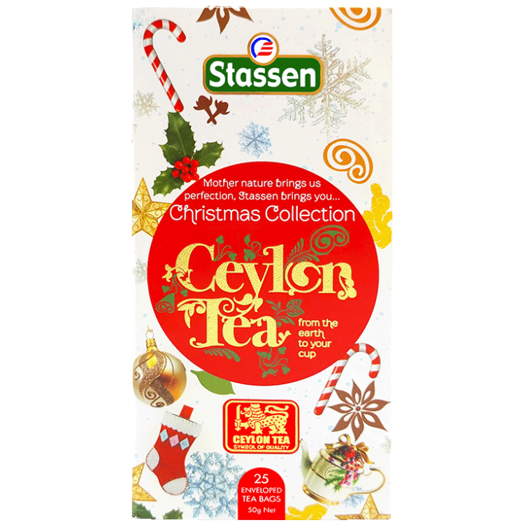 Zestaw herbat Stassen Christmas Collection 25 kopert, front białego pudełka z czerwonym logo Ceylon Tea i świątecznymi ozdobami.