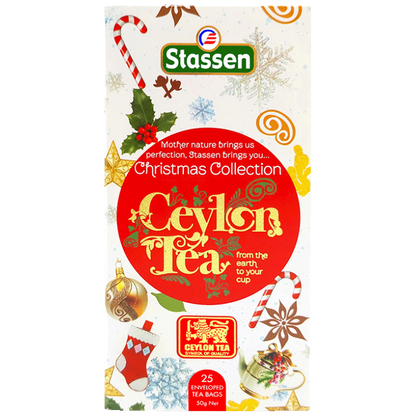 Zestaw herbat Stassen Christmas Collection 25 kopert, front białego pudełka z czerwonym logo Ceylon Tea i świątecznymi ozdobami.