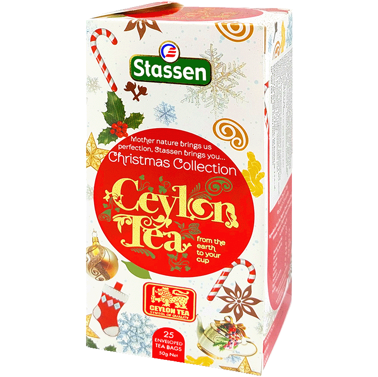 Herbata Stassen Christmas Collection 25 kopert, świąteczne pudełko z bombkami, śnieżynkami i czerwonym logo Ceylon Tea, widok pod kątem.
