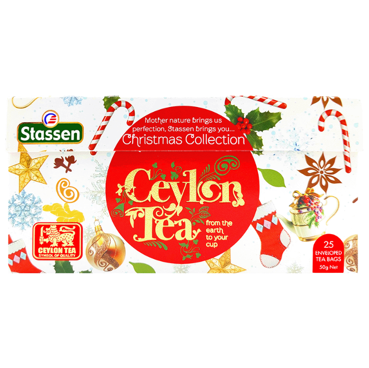 Opakowanie herbat Stassen Christmas Collection 25 kopert w poziomym ujęciu, z logo Ceylon Tea i kolorowymi motywami świątecznymi.
