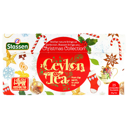 Opakowanie herbat Stassen Christmas Collection 25 kopert w poziomym ujęciu, z logo Ceylon Tea i kolorowymi motywami świątecznymi.