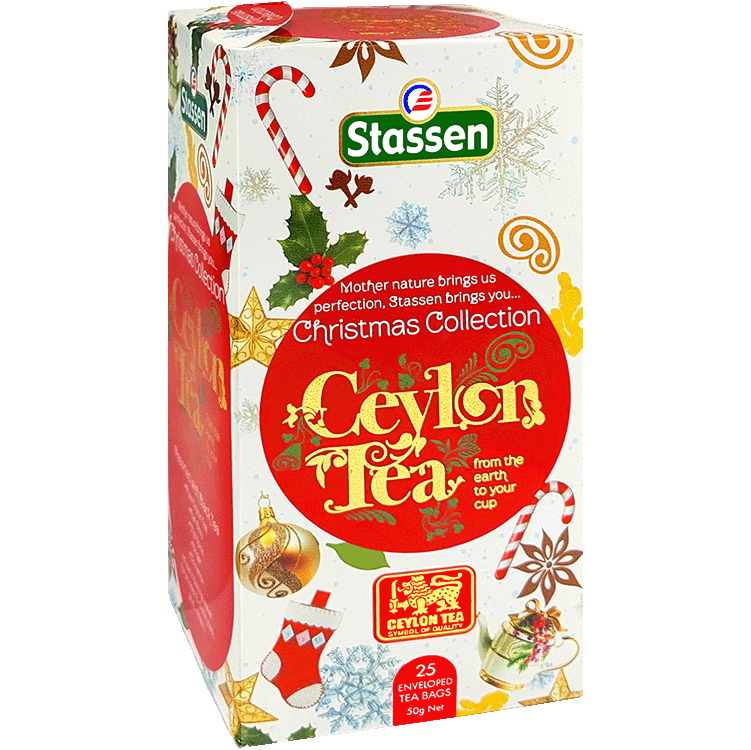 Zestaw herbat Stassen Christmas Collection 25 kopert, świąteczne opakowanie z czerwonymi i złotymi dekoracjami, widok z lewej strony.