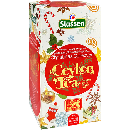 Zestaw herbat Stassen Christmas Collection 25 kopert, świąteczne opakowanie z czerwonymi i złotymi dekoracjami, widok z lewej strony.