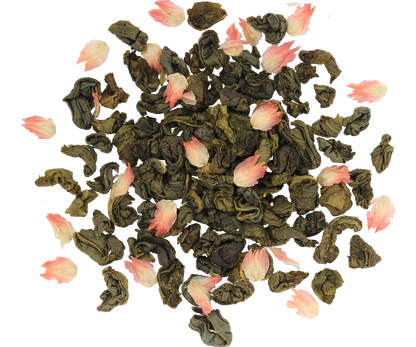 Susz herbaty Basilur Love Story vol. III – zielona herbata z płatkami kwiatów w zbliżeniu.