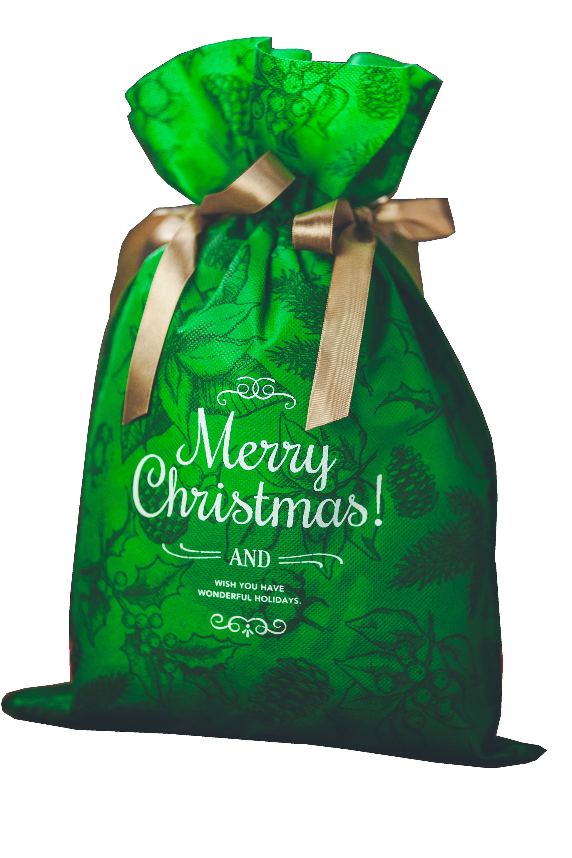 Zielony worek prezentowy ze świątecznym napisem „Merry Christmas” i złotymi wstążkami, rozmiar 30 x 45 cm.