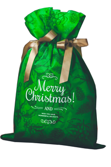 Zielony worek prezentowy ze świątecznym napisem „Merry Christmas” i złotymi wstążkami, rozmiar 30 x 45 cm.
