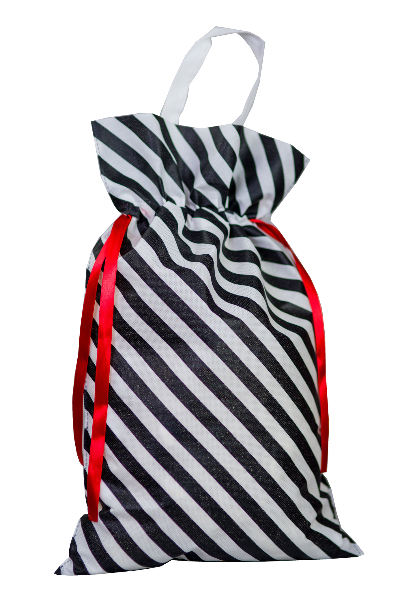 Worek prezentowy w czarno-białe paski z czerwonymi wstążkami i białą rączką, rozmiar 32 x 50 cm.