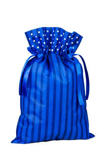 Granatowy worek prezentowy 30 x 45 cm ze wzorem w paski i białe kropki, przewiązany satynową wstążką.