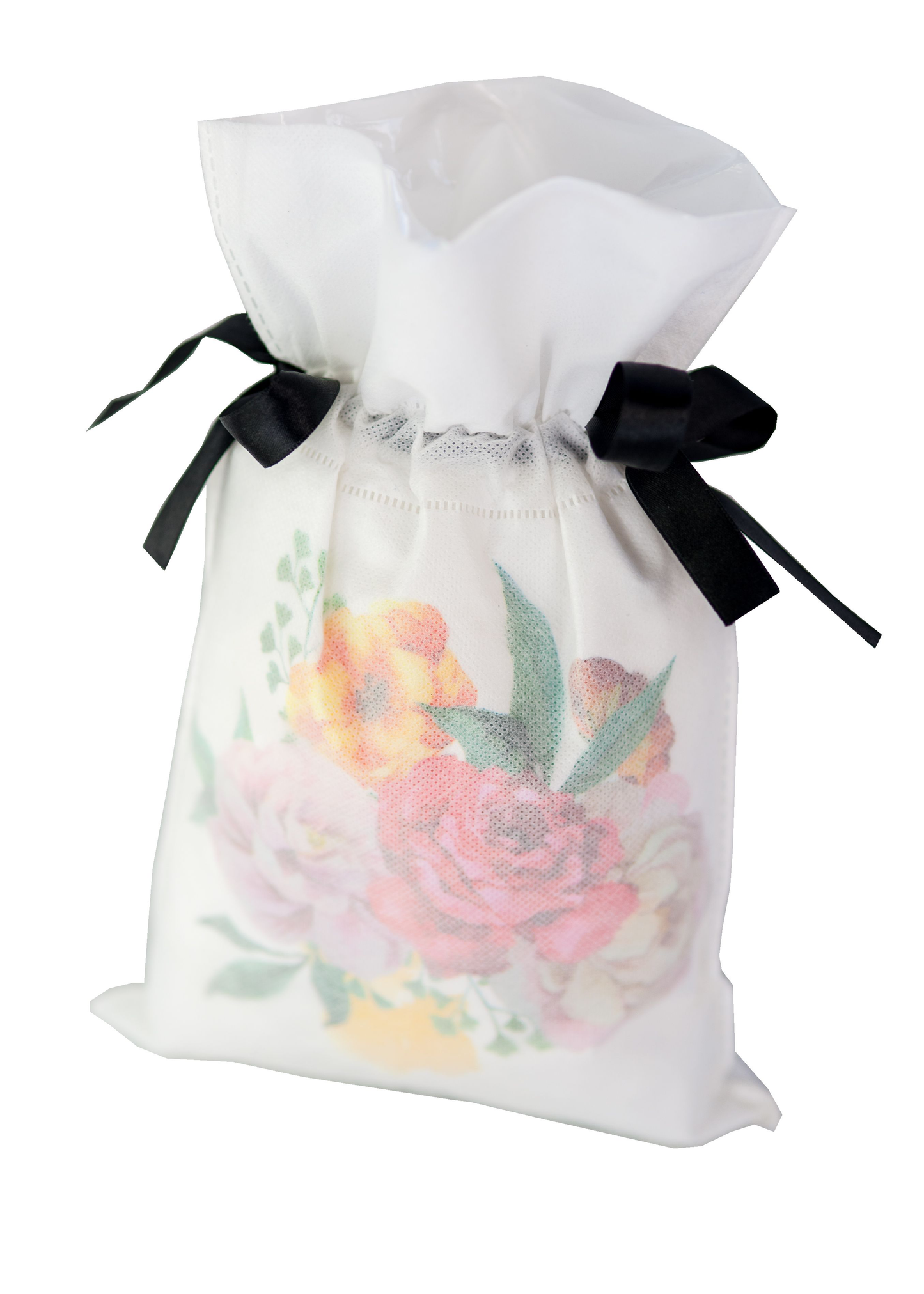Biały worek prezentowy z nadrukiem bukietu róż w odcieniach różu, czerwieni i żółci, przewiązany czarnymi wstążkami, w rozmiarze 20 x 30 cm.