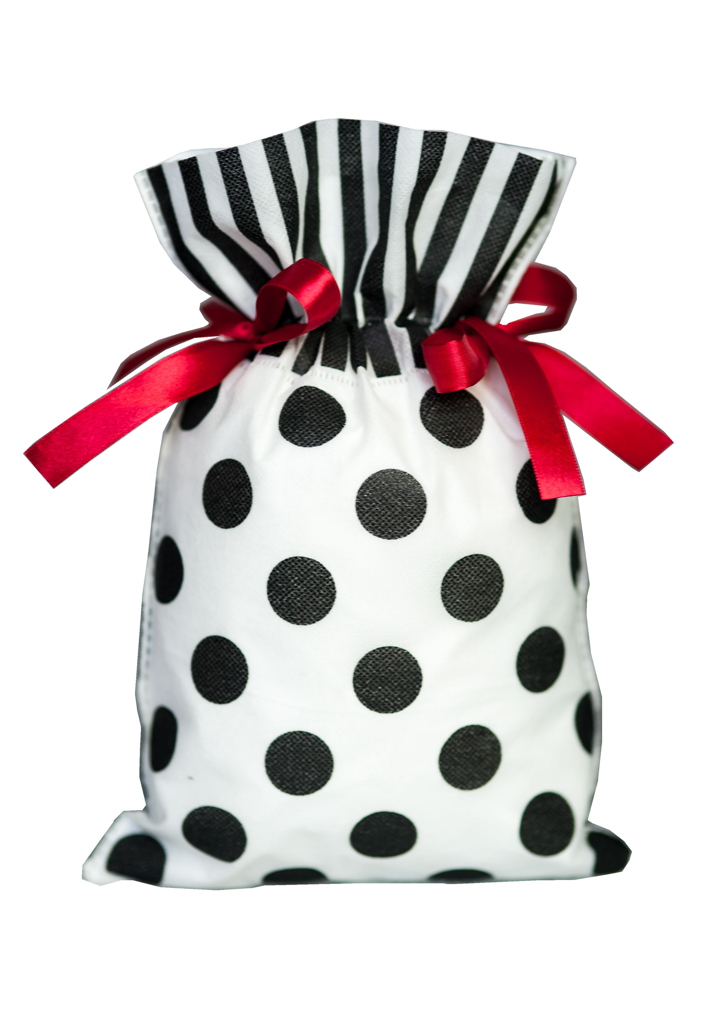 Biały worek prezentowy 30 x 45 cm w czarne grochy, z czerwonymi wstążkami i paskowanym wykończeniem.