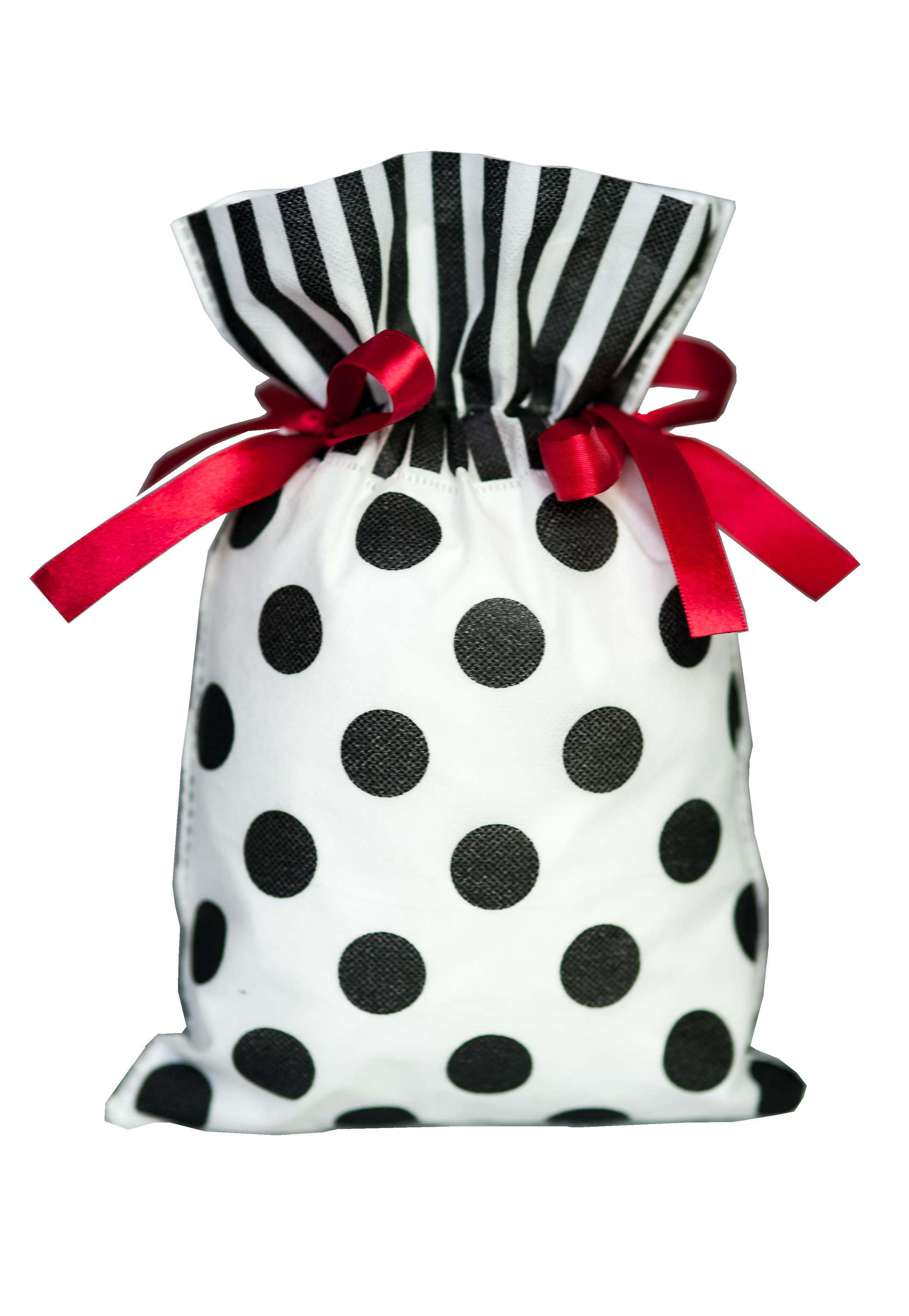 Biały worek prezentowy 30 x 45 cm w czarne grochy, z czerwonymi wstążkami i paskowanym wykończeniem.