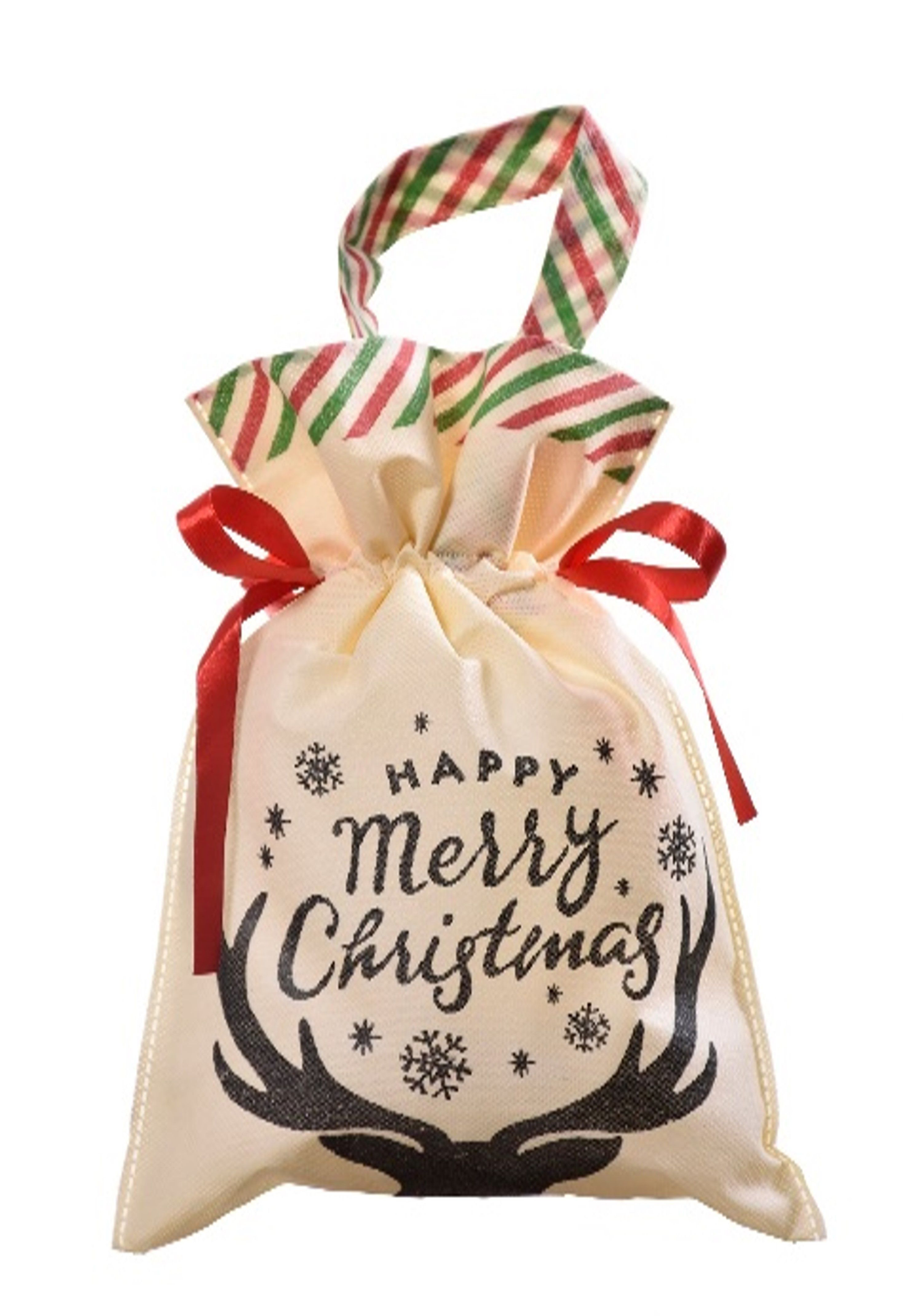 Jasny worek prezentowy z nadrukiem rogów renifera, napisem „Happy Merry Christmas”, płatkami śniegu i rączką w kolorowe paski, przewiązany czerwonymi wstążkami.