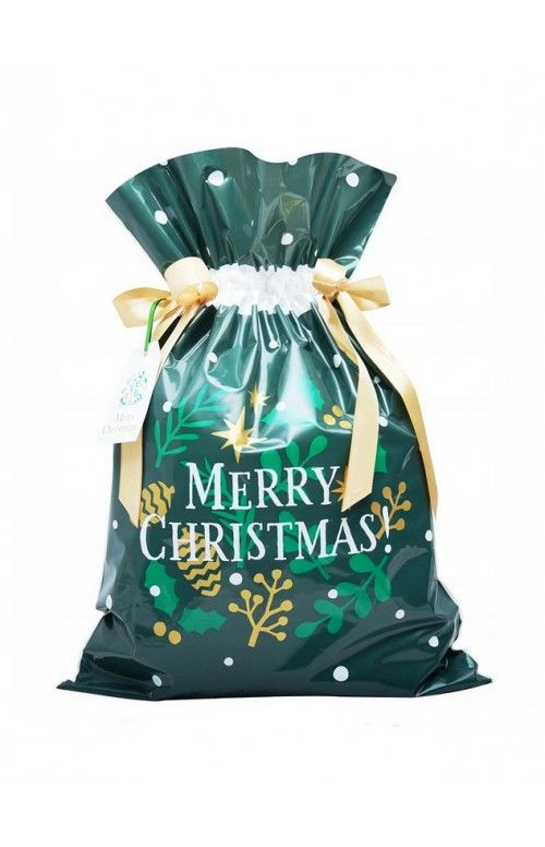 Zielony worek prezentowy z napisem „Merry Christmas”, złotym wzorem szyszek i gałązek, przewiązany złotymi wstążkami.