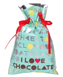 Miętowy worek prezentowy z kolorowym napisem „I Love Chocolate”, ozdobiony czerwonymi wstążkami i srebrnym wykończeniem.
