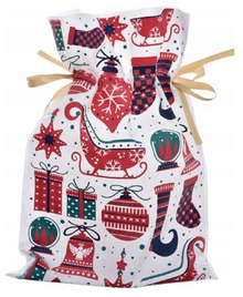 Biały worek prezentowy ozdobiony kolorowymi symbolami świąt Bożego Narodzenia – bombkami, prezentami, saniami i skarpetami, przewiązany złotymi wstążkami.