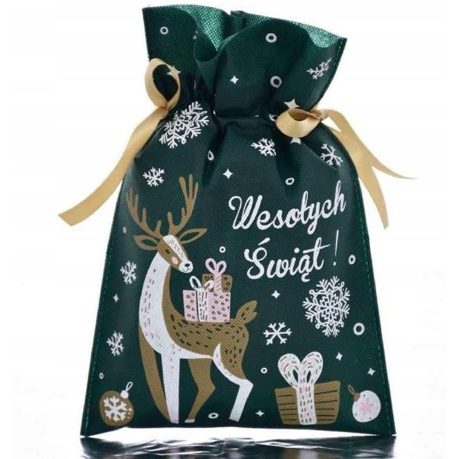 Zielony worek prezentowy z reniferem niosącym prezenty, śnieżynkami i napisem „Wesołych Świąt”, przewiązany złotymi wstążkami.